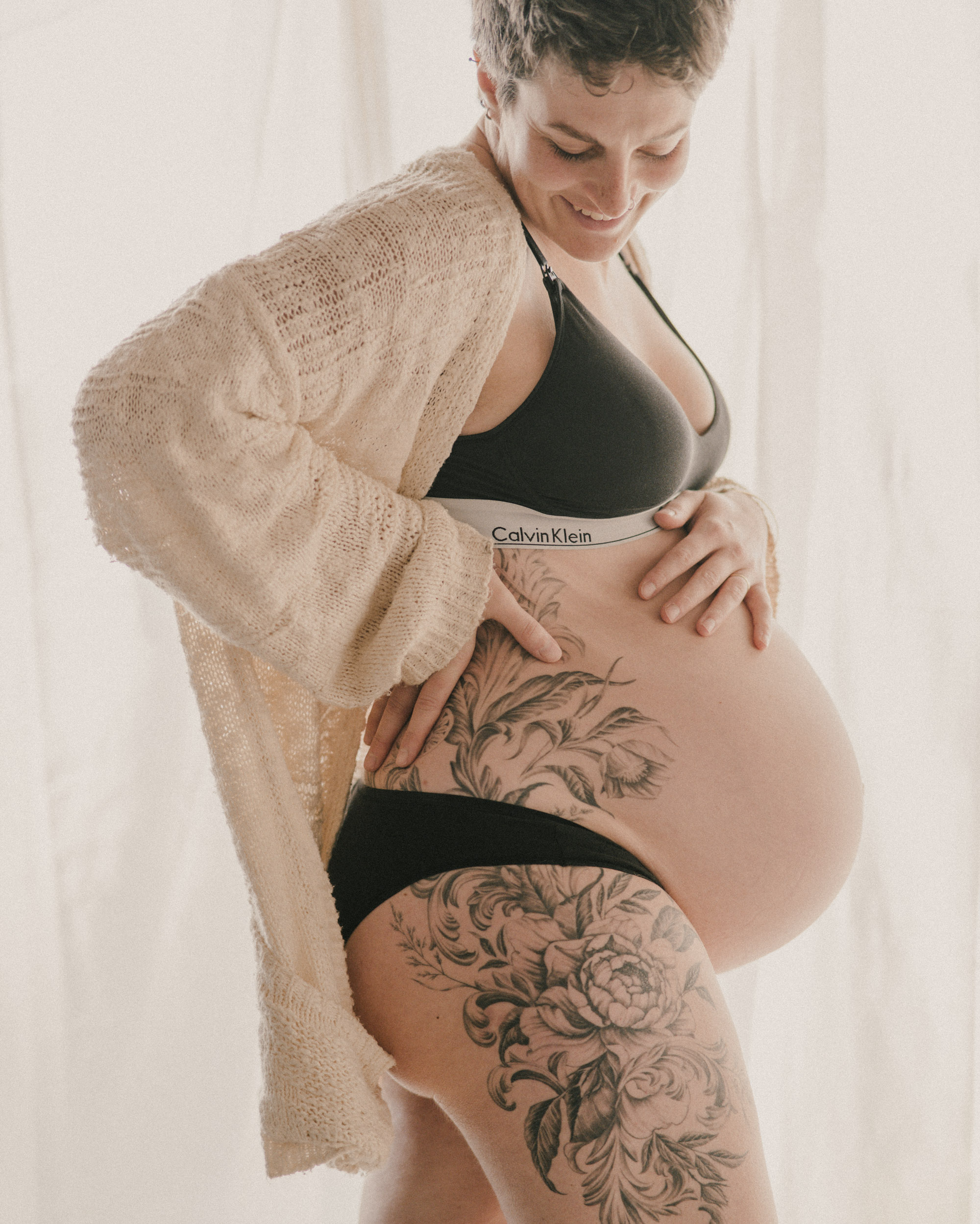 Maternity photo of women with short hair in Cornwall - Colour