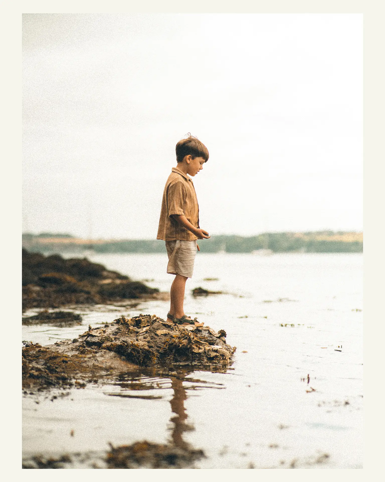 Young boy standing on rocks beside the water during a family photoshoot at Trelissick Gardens